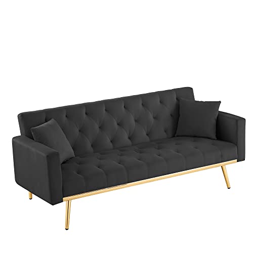 Melpomene Modern Velvet Sofa Couch, 73" Convertible Loveseat Sofa Sleeper Couch with Adjustable Back and Two Pillows(Black)
