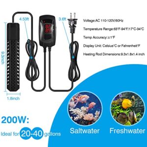 Woliver Aquarium Heater 200W/300/ 500W,Submersible Fish Tank Heater for 20-105 Gollon with LED Display Controller,Over Heating Protection and Anti-Dry Burning,Suitable Freshwater and Saltwater