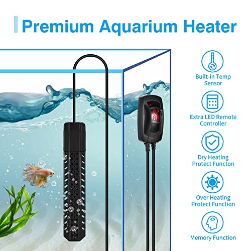 Woliver Aquarium Heater 200W/300/ 500W,Submersible Fish Tank Heater for 20-105 Gollon with LED Display Controller,Over Heating Protection and Anti-Dry Burning,Suitable Freshwater and Saltwater