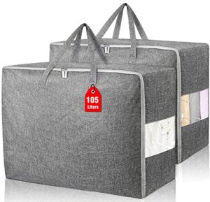 2pack 105l extra large storage bags, folding moving comforter blanket storage bags closet organizers and storage containers for clothes with strong handles&zippers clear window for bedding pillow grey