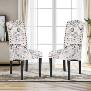 evedy 2pcs dining script fabric accent chair with solid wood legs for kitchen living room,beige, words