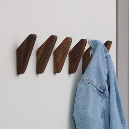 oldcitywood OCW Coat Hooks Pack of 6, Decorative Wall Hooks, Modern Coat Rack, Wooden Towel Hanger, Hooks for Wall, Walnut Wood Wall Storage