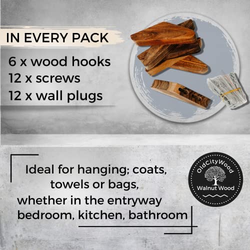 oldcitywood OCW Coat Hooks Pack of 6, Decorative Wall Hooks, Modern Coat Rack, Wooden Towel Hanger, Hooks for Wall, Walnut Wood Wall Storage