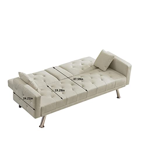 Tufted Recliner Sofa, YOGLAD Convertible Fabric Sofa Bed, Modern Style Futon with Cup Holder, Couch with Metal Legs & Pillow, for Living Room, Apartment (Beige, Linen Sofa, 75"*30")
