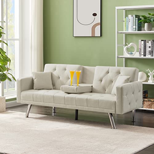 Tufted Recliner Sofa, YOGLAD Convertible Fabric Sofa Bed, Modern Style Futon with Cup Holder, Couch with Metal Legs & Pillow, for Living Room, Apartment (Beige, Linen Sofa, 75"*30")