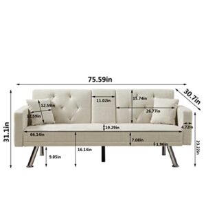 Tufted Recliner Sofa, YOGLAD Convertible Fabric Sofa Bed, Modern Style Futon with Cup Holder, Couch with Metal Legs & Pillow, for Living Room, Apartment (Beige, Linen Sofa, 75"*30")