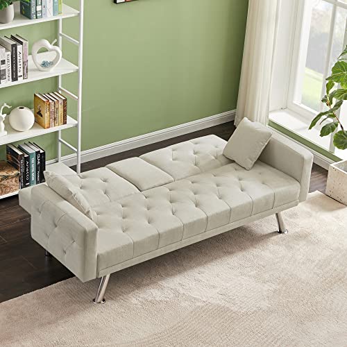 Tufted Recliner Sofa, YOGLAD Convertible Fabric Sofa Bed, Modern Style Futon with Cup Holder, Couch with Metal Legs & Pillow, for Living Room, Apartment (Beige, Linen Sofa, 75"*30")