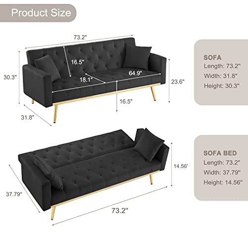 GEEVIVO Sleeper Sofa Bed Modern Tufted Futon Couch, Convertible Loveseat Sleeper Sofa Couch w/ 3 Angle Adjustable Backrest and Rose Gold Metal Legs, Accent Recliner for Home Living Room Bedroom