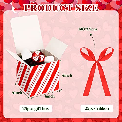 Sabary 25 Pcs Christmas Red Gift Boxes with Lids 4 x 4 x 4 Inches Candy Design Kraft Gift Boxes with Red Ribbons Small Present Box for Wedding Party Favor Birthday Graduation