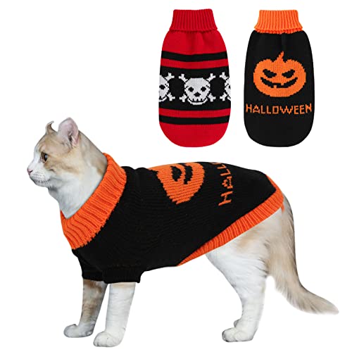 HUMLANJ 2 Packs Halloween Cat Sweater Turtleneck Knitted Pumpkin Sweaters for Cats Only Kitten Kitty Skull Sweater Warm Winter Knit Pullover Knitwear Puppy Small Dogs