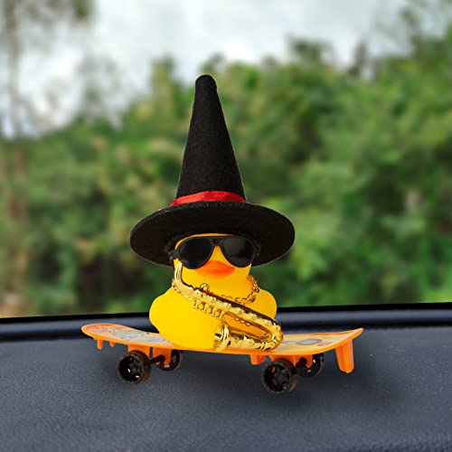 MuMyer Car Rubber Duck Ornaments Yellow Duck Car Dashboard Decorations with Mini Witch Hat Skateboard Instrument Sunglasses Necklace