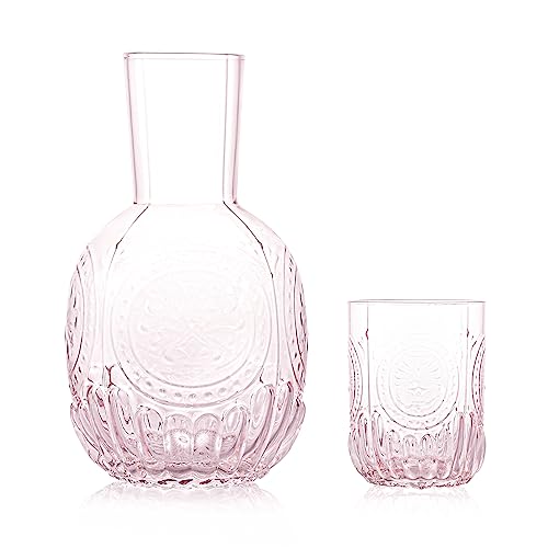 RockTrend Retro Clear Glass Bedside Night Water Carafe with Tumbler Glass, Relief Glass Pitcher And Cup Night Set