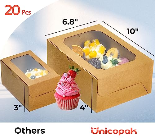 UnicoPak 20 Pack 10 x 6.8 x 4 Inch Tall Brown Cupcake Boxes with Handle Tray, Cupcake Boxes 6 Count, Extra Large Cupcake Boxes Bakery Boxes Muffin Boxes for Standard and High Creams Decorated Cupcakes Muffins Jumbo Cupcakes