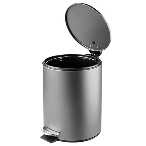 mDesign Metal 1.3 Gallon/5 Liter Round Step Trash Wastebasket, Garbage Container Bin with Lid for Bathroom, Powder Room, Bedroom, Kitchen, Craft Room, Office - Removable Liner Bucket - Dark Gray