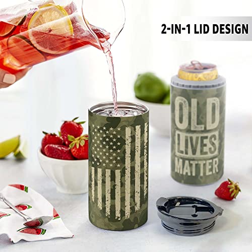 Macorner Can Cooler American Flag - Stainless Steel Insulated Slim Can Cooler for 12 oz & 16 oz Regular or Slim Cans & Bottles - Funny Birthday Christmas Gifts for Him Dad Grandpa Drinking Lovers
