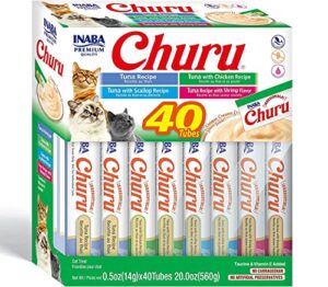 inaba churu cat treats, grain-free, lickable, squeezable creamy purée cat treat/topper with vitamin e & taurine, 0.5 ounces each tube, 40 tubes, tuna & seafood variety box