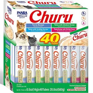 INABA Churu Cat Treats, Grain-Free, Lickable, Squeezable Creamy Purée Cat Treat/Topper with Vitamin E & Taurine, 0.5 Ounces Each Tube, 40 Tubes, Tuna & Seafood Variety Box