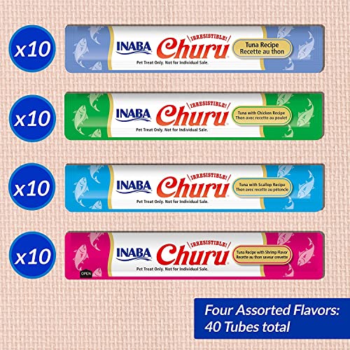 INABA Churu Cat Treats, Grain-Free, Lickable, Squeezable Creamy Purée Cat Treat/Topper with Vitamin E & Taurine, 0.5 Ounces Each Tube, 40 Tubes, Tuna & Seafood Variety Box