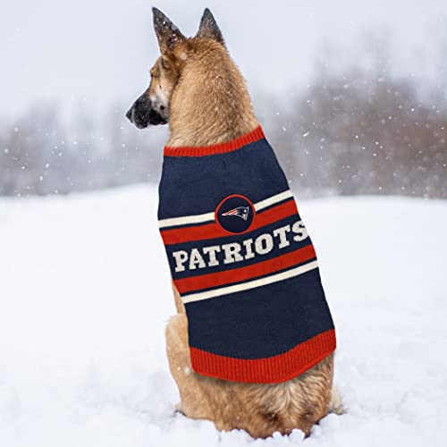 NFL New England Patriots Dog Sweater, Size Large. Warm and Cozy Knit Pet Sweater with NFL Team Logo, Best Puppy Sweater for Large and Small Dogs