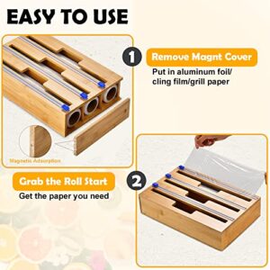 CASAMAY Foil and Plastic Wrap Organizer - Bamboo 3 in 1 Dispenser with Cutter & Labels, Wax Paper, Foil Organization Storage for 12 inch Roll or Less