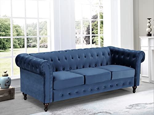 US Pride Furniture Feinstein Modern Velvet Living Room 82.3’ Wide Sofa, Dark Blue