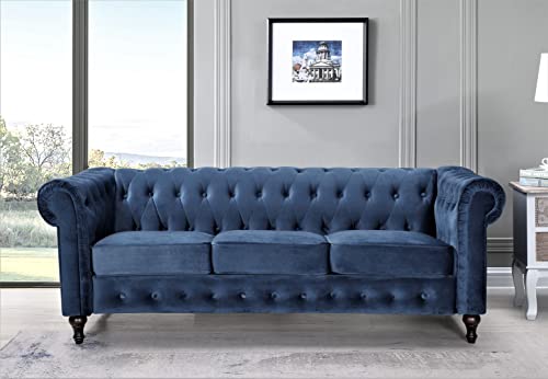 US Pride Furniture Feinstein Modern Velvet Living Room 82.3’ Wide Sofa, Dark Blue