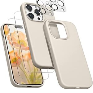 Cousper [5 in 1 Compatible with iPhone 14 Pro Max Case, with 2 Pack Screen Protector + 2 Pack Camera Lens Protector, Silicone Shock-Proof Phone Case [Anti-Scratch Microfiber Lining], White Stone
