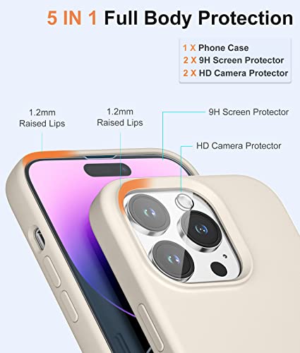 Cousper [5 in 1 Compatible with iPhone 14 Pro Max Case, with 2 Pack Screen Protector + 2 Pack Camera Lens Protector, Silicone Shock-Proof Phone Case [Anti-Scratch Microfiber Lining], White Stone