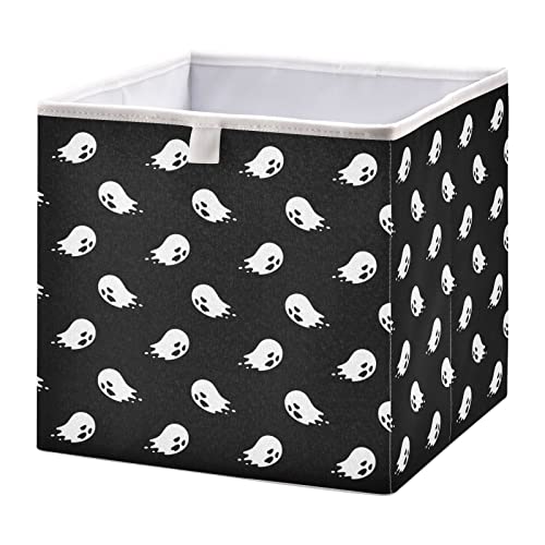 Ollabaky Halloween Cube Storage Bin, Foldable Fabric Ghost Spooky Storage Cube Basket Cloth Organizer Box with Handle for Closet Shelves, Nursery Storage Toy Bin, S