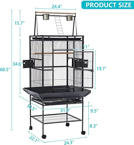 Kinsuite Large Bird Cage with Play Top, 68 Inch Iron Parrot Bird Cage with Rolling Stand for Parakeets Lovebird Cockatiel Pet Birds, Black