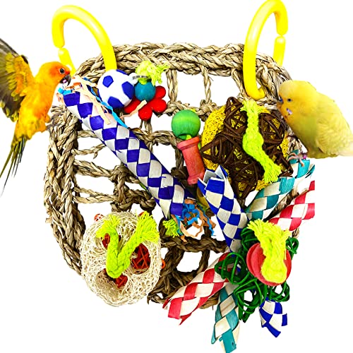 Parrot Toys Bird Foraging Toys, Seagrass Woven Climbing Hammock Net with Colorful Chewing Toys, for Lovebird Parakeets Cockatiel Conure Budgie,Cockatoo