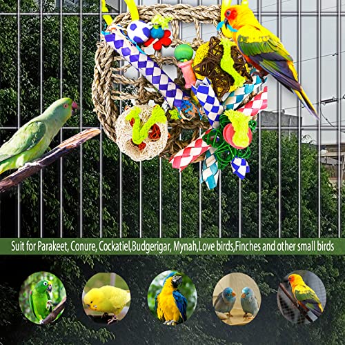 Parrot Toys Bird Foraging Toys, Seagrass Woven Climbing Hammock Net with Colorful Chewing Toys, for Lovebird Parakeets Cockatiel Conure Budgie,Cockatoo