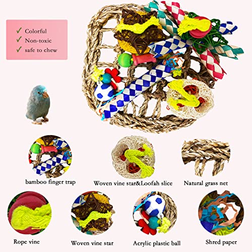 Parrot Toys Bird Foraging Toys, Seagrass Woven Climbing Hammock Net with Colorful Chewing Toys, for Lovebird Parakeets Cockatiel Conure Budgie,Cockatoo