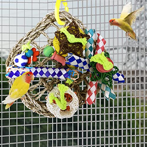 Parrot Toys Bird Foraging Toys, Seagrass Woven Climbing Hammock Net with Colorful Chewing Toys, for Lovebird Parakeets Cockatiel Conure Budgie,Cockatoo