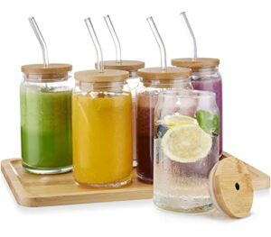 weselljars 6pcs glass cups with bamboo lids glass straws and tray, 16oz beer glasses can shaped glass cups, tumbler glass cup for iced tea, cocktail, whiskey, coffee, wine and water