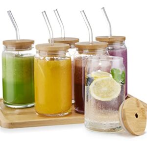 Weselljars 6pcs Glass Cups with Bamboo Lids Glass Straws and Tray, 16oz Beer Glasses Can Shaped Glass Cups, Tumbler Glass Cup for Iced Tea, Cocktail, Whiskey, Coffee, Wine and Water