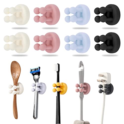 8Pcs Silicone Toothbrush Holders, SHAIDOJIO Multi-Function Hook, Waterproof self Adhesive Wall Mounted Single Hook, Utility Toothbrush Holder, Plug Holder for Bathroom, Kitchen, Living Room (Set B)