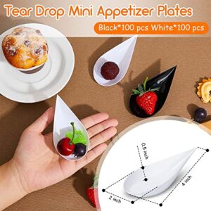 200 Pcs 4 Inch Tear Drop Appetizer Spoons Mini Appetizer Plates Reusable Spoons Tasting Spoons Plates Catering Supplies Disposable for Serving Small Desserts Cakes Bowls Serving Cup (White, Black)
