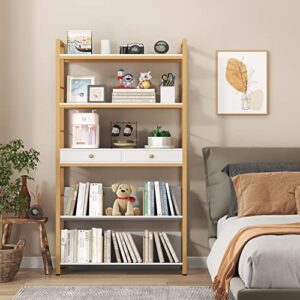 YAOHUOO Bookshelf with 2 Drawers-31.5” Widen Industrial Book Shelf with Bookend, 5 Tiers Tall Storage Shelves, Steel Frame Display Rack, Suitable for Bedroom,Office,Living Room,Bathroom