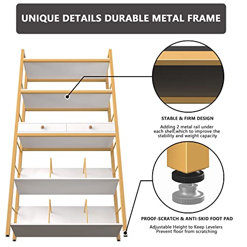 YAOHUOO Bookshelf with 2 Drawers-31.5” Widen Industrial Book Shelf with Bookend, 5 Tiers Tall Storage Shelves, Steel Frame Display Rack, Suitable for Bedroom,Office,Living Room,Bathroom