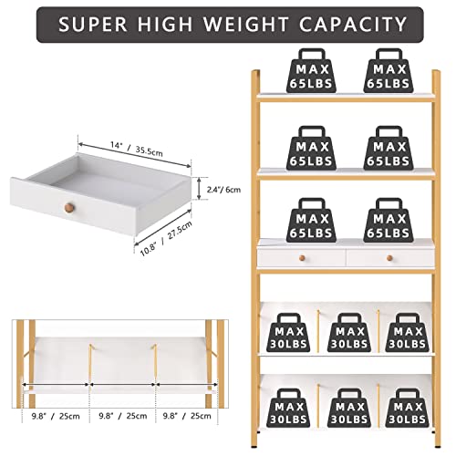 YAOHUOO Bookshelf with 2 Drawers-31.5” Widen Industrial Book Shelf with Bookend, 5 Tiers Tall Storage Shelves, Steel Frame Display Rack, Suitable for Bedroom,Office,Living Room,Bathroom