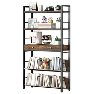yaohuoo bookshelf with 2 drawers-31.5” widen industrial book shelf with bookend, 5 tiers tall storage shelves, steel frame display rack, suitable for bedroom,office,living room,bathroom