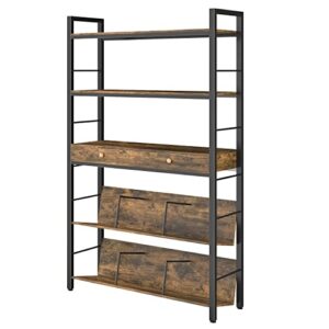 YAOHUOO Bookshelf with 2 Drawers-31.5” Widen Industrial Book Shelf with Bookend, 5 Tiers Tall Storage Shelves, Steel Frame Display Rack, Suitable for Bedroom,Office,Living Room,Bathroom