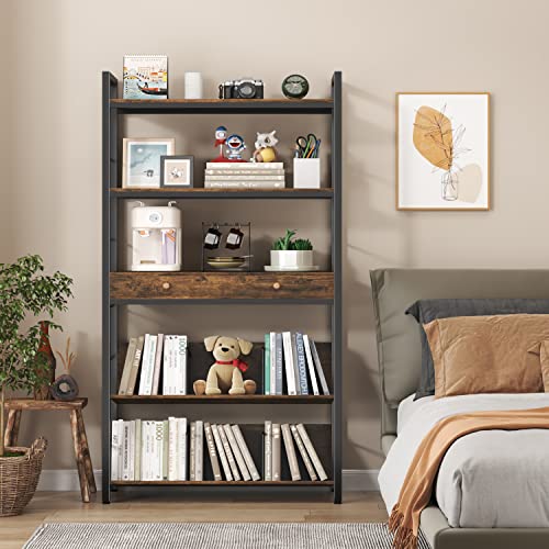 YAOHUOO Bookshelf with 2 Drawers-31.5” Widen Industrial Book Shelf with Bookend, 5 Tiers Tall Storage Shelves, Steel Frame Display Rack, Suitable for Bedroom,Office,Living Room,Bathroom