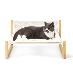 mkono boho cat bed hammock with blanket, macrame elevated for indoor, floor standing and breathable chair for resting, furniture gift for cats and small dogs
