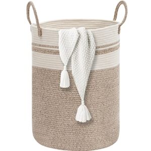 brain & dany 72l woven laundry basket, tall cotton rope laundry hamper with handles, large dirty clothes basket collapsible for nursery, bathroom, laundry room organization, bedroom storage, brown & white