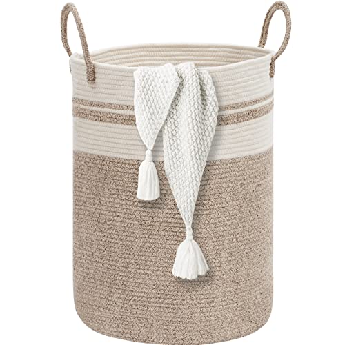 BRAIN & DANY 72L Woven Laundry Basket, Tall Cotton Rope Laundry Hamper with Handles, Large Dirty Clothes Basket Collapsible for Nursery, Bathroom, Laundry Room Organization, Bedroom Storage, Brown & White