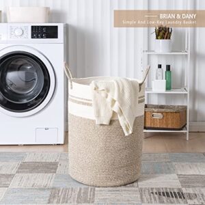 BRAIN & DANY 72L Woven Laundry Basket, Tall Cotton Rope Laundry Hamper with Handles, Large Dirty Clothes Basket Collapsible for Nursery, Bathroom, Laundry Room Organization, Bedroom Storage, Brown & White