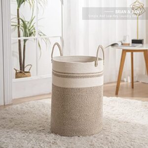 BRAIN & DANY 72L Woven Laundry Basket, Tall Cotton Rope Laundry Hamper with Handles, Large Dirty Clothes Basket Collapsible for Nursery, Bathroom, Laundry Room Organization, Bedroom Storage, Brown & White