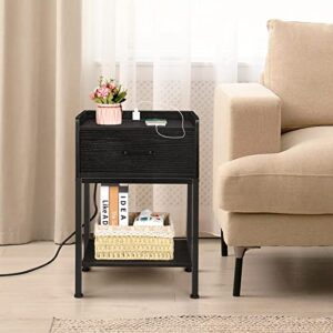 Nightstand with Charging Station and USB Ports, 3 Tier Small Bedside Table with Drawer and Storage Shelf Rustic Night Stand for Small Space, Living Room, Bedroom, Black